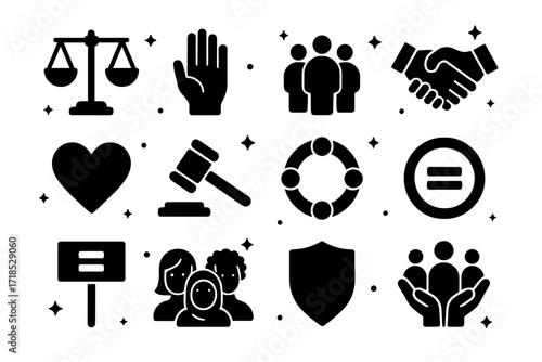 Symbolic Fairness Icons. Fairness. Solid icons set of balanced scale, open hand, group of people, handshake, heart, justice hammer, inclusive circle, equality