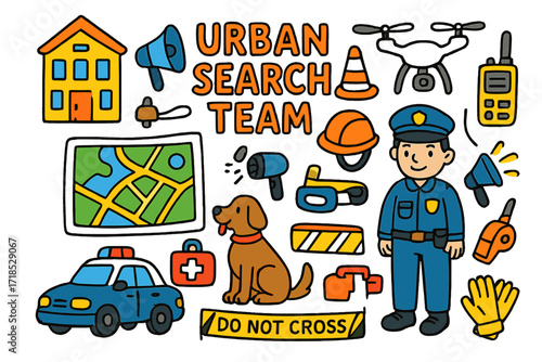Urban Search Team Icons. Colorful Hand-drawn doodle Children illustration Urban Search Team city map, building, police officer, rescue cone, megaphone, radio,