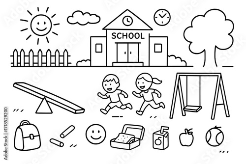 Playground Doodle Scene. Hand-drawn doodle illustration [school recess playground with seesaw] [seesaw, school building, children running, sun, clock, swing,