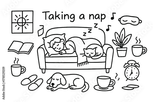 Cozy Nap Essentials. Hand-drawn doodle illustration Taking a nap Couch, Pillow, Throw blanket, Cat, Dog, Book, Coffee mug, Plant, Slippers, Alarm clock, Eye