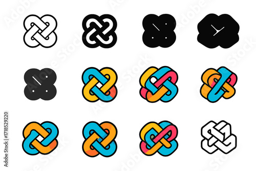 Tangle Logo Designs. Set Logo of Tangle: Knotted rope. Logo set in vector style, emblematic variations. line, bold thick line, solid black filled, solid black