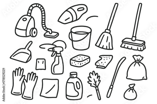 Cleaning Tools Doodle. Hand-drawn doodle illustration Portable cleaning devices vacuum cleaner, handheld vacuum, broom, mop, dustpan, bucket, spray bottle,