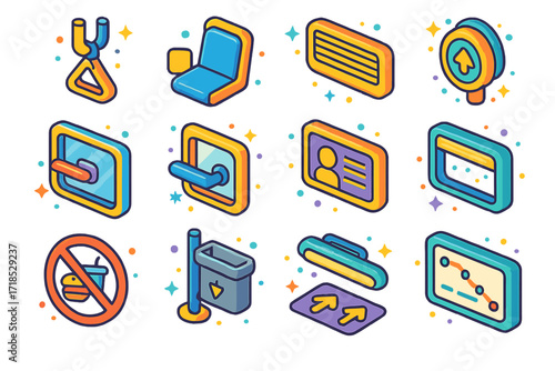 Colorful Transport Icons. Colorful isometric vector icons set of public transport interiors: standing pole grip, priority seat label, window handle, air