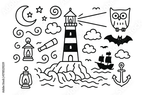 Nighttime Lighthouse Doodle. Hand-drawn doodle illustration lighthouse at night lighthouse, moon, stars, light beam, cloud, owl, bat, ship silhouette, wave,