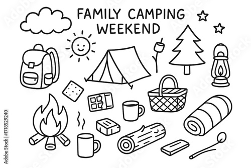 Family Camping Doodle. Hand-drawn doodle illustration Family camping weekend [tent, campfire, marshmallow stick, backpack, picnic basket, chocolate bar,