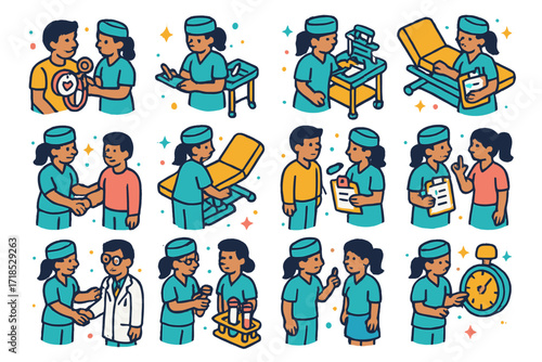 Nurse Duties Icons. Colorful isometric vector icons set of nurse duties during check-up: checking vitals, recording symptoms, prepping tools, sanitizing
