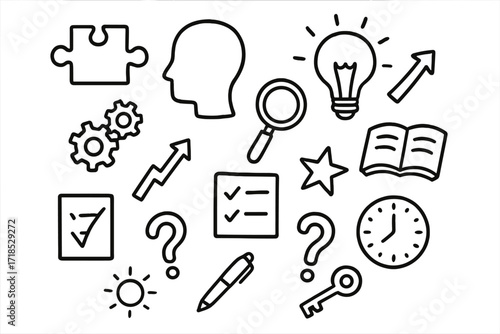 Problem Solving Icons. Hand-drawn doodle illustration Problem solving puzzle piece, head silhouette, light bulb, magnifying glass, gears, arrow,