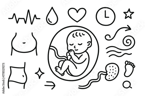 Womb Icons Doodle. Hand-drawn doodle illustration Baby inside womb fetus icon, heartbeat line, belly, water droplet, placenta, heart, clock, swirl, wave, tiny
