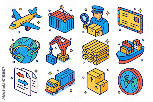 Isometric Shipping Icons Set. Colorful isometric vector icons set of international shipping logistics: cargo airplane, shipping container, customs inspection,