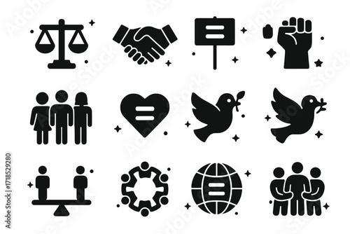 Equality Icons Grid. Social Equality. Solid icons set of justice scale, handshake, equality symbol, protest sign, raised fist, diverse group, heart with equal