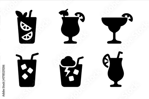 Rum Cocktails Icons. Solid, filled icon set of rum cocktails: mojito, pina colada, daiquiri, mai tai, cuba libre, dark ?n? stormy, rum punch, hurricane. Solid,