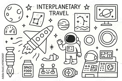 Interplanetary Travel Doodles. Hand-drawn doodle illustration [Interplanetary travel] [spaceship, stars, planets, astronaut, starmap, fuel gauge, engine,