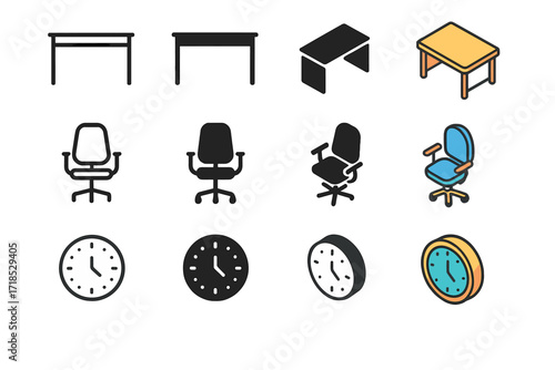 Minimalist Office Icons. Icon Set of Minimalist Office: Desk, Ergonomic chair, Wall clock. Icons set in vector style, emblematic variations. Desk line, Desk