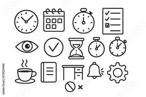 Time Management Icons. Bright Mind ? Flourish Lettering with medium-thick ornamental swashes radiating outward, circular composition with stars, lightbulbs,