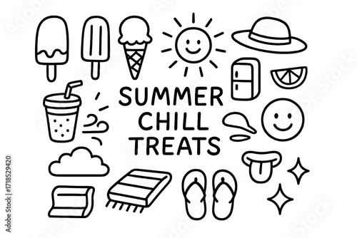 Summer Treats Doodle. Hand-drawn doodle illustration Summer chill treats [ice cream bar, popsicle, cone, cold drink, sun icon, hat, cloud, breeze, smiley,