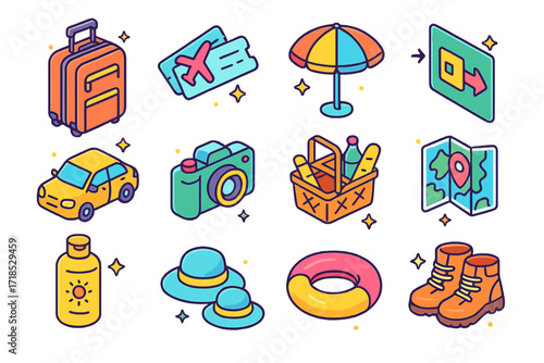 Family Vacation Icons. Colorful isometric vector icons set of family vacations: family suitcase, airplane tickets, beach umbrella, hotel keycard, rental car,