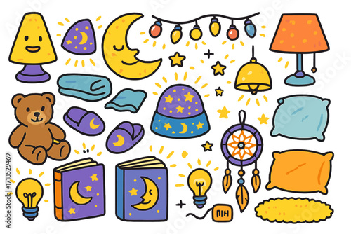 Cozy Nighttime Doodles. Colorful Hand-drawn doodle Children illustration Nighttime comfort lights [night lamp, glowing moon, star projector, fairy lights,