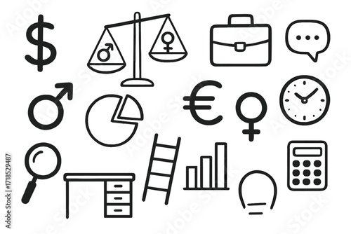 Gender Pay Gap Symbols. Hand-drawn doodle illustration gender pay gap dollar sign, euro sign, man symbol, woman symbol, scales, briefcase, pie chart, bar