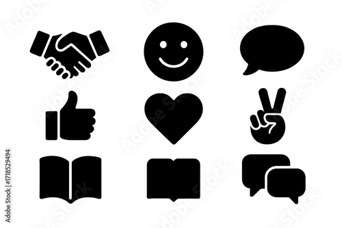 Polite Communication Icons. Solid, filled icon set of polite communication: handshake, smiling face, speech bubble, thumbs up, heart symbol, peace sign, open