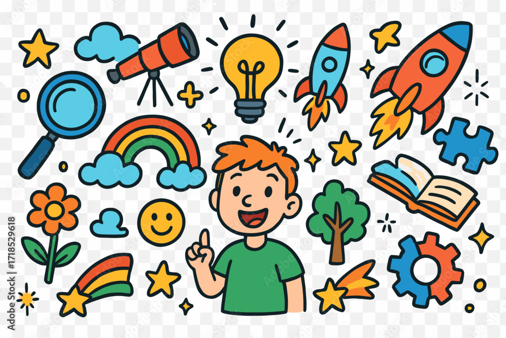 Fototapeta premium Children's Discovery Doodles. Colorful Hand-drawn doodle Children illustration Discovery of New Idea [magnifying glass, telescope, rocket, rainbow, puzzle