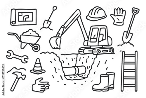 Pipeline Construction Doodle. Hand-drawn doodle illustration digging for pipelines backhoe, trench, pipe section, shovel, safety helmet, gloves, blueprint,
