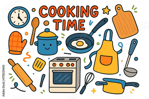 Cooking Time Essentials. Cooking Time. Colorful Hand-drawn doodle Children illustration Cooking Time pot, pan, wooden spoon, clock, oven mitt, spatula, cutting