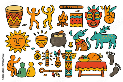 Tribal Tradition Celebration. Colorful Hand-drawn doodle Children illustration Origin of traditions drum, dancing figures, fire pit, tribal mask, flute,