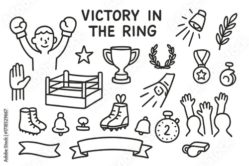 Victory in the Ring. Hand-drawn doodle illustration Victory in the Ring [raised arms, gloves, trophy, medal, ring ropes, referee hand, spotlight, cheering