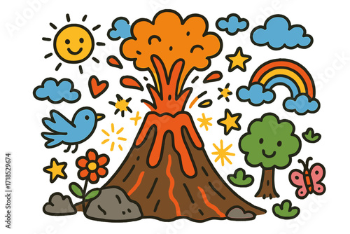 Cheerful Volcano Doodle. Colorful Hand-drawn doodle Children illustration Massive Volcano [volcano, lava, mountain, cloud, rainbow, star, heart, spark, smiling