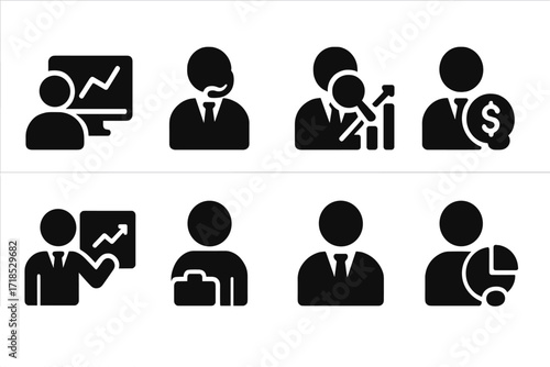 Stock Market Icons. Solid, filled icon set of stock market participants: trader, broker, analyst, investor, market maker, portfolio manager, CEO, shareholder.