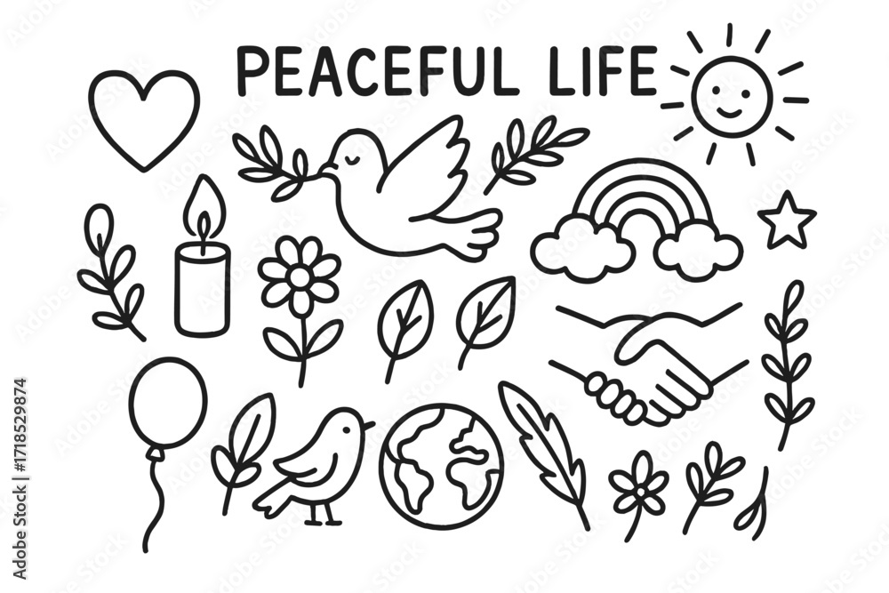 Fototapeta premium Symbols of Peace. Hand-drawn doodle illustration Peaceful life Heart, dove, olive branch, candle, flower, leaf, rainbow, cloud, sun, star, bird, balloon,