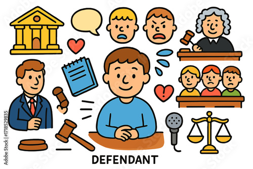Emotional Courtroom Doodles. Colorful Hand-drawn doodle Children illustration Defendant?s emotions [defendant, courthouse, judge, lawyer, jury, gavel, calm