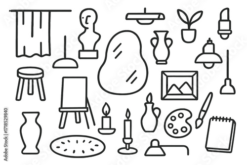 Artistic Home Essentials. Hand-drawn doodle illustration Artistic mirror decor [abstract mirror shape, sculpture, vase, canvas, stool, candle, plant, photo
