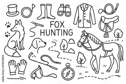 Fox Hunting Doodles. Hand-drawn doodle illustration [fox hunting] [fox, hunting horn, hound dog, riding boots, red hunting coat, saddle, horse, countryside