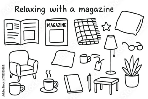 Relaxing Doodle Scene. Hand-drawn doodle illustration Relaxing with a magazine [open magazine, closed magazine, blanket, pillow, chair, lamp, coffee mug, tea