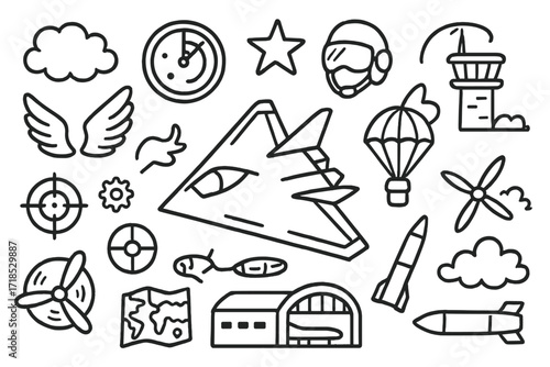 Stealth Jet Icons. Hand-drawn doodle illustration Stealth aircraft stealth jet, wings, radar, star, pilot helmet, parachute, bomb, missile, clouds, control