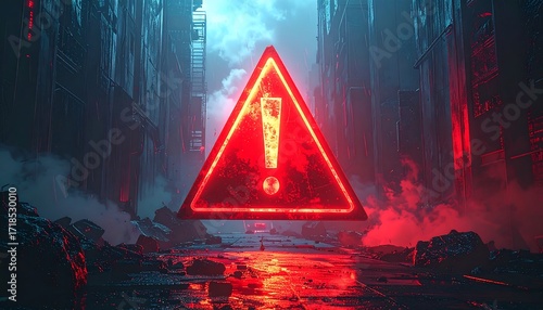 Glowing warning sign in a cyberpunk alley