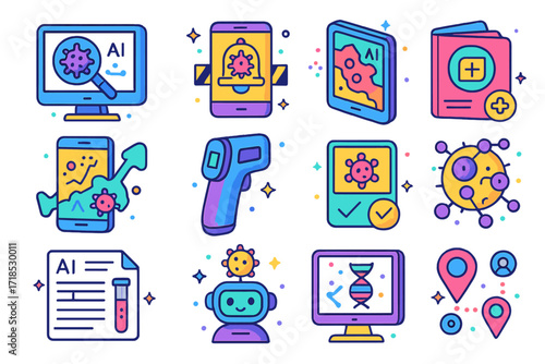 AI Diagnostics Icon Set. Colorful isometric vector icons set of AI diagnostics for infectious diseases: virus scanner AI, smart quarantine alert, AI risk
