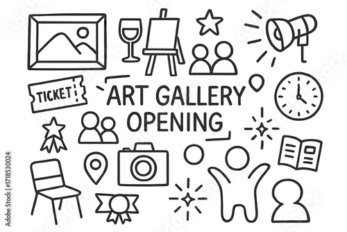 Art Gallery Doodle Icons. Hand-drawn doodle illustration Art gallery opening photo frame, easel, wine glass, ticket, spotlight, star, heart, people icons,