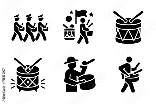 Drum Icon Collection. Solid, filled icon set of marching drum history and culture: military band, parade, historical drum, ceremonial drum, folk music,