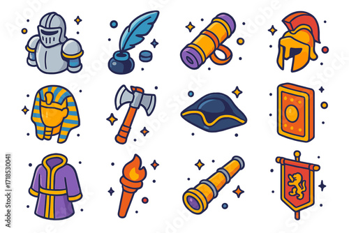 Historical Icons Set. Colorful isometric vector icons set of historical reenactment tools: knight armor, quill and ink, scroll case, Roman helmet, pharaoh