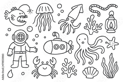 Deep-Sea Doodle Exploration. Hand-drawn doodle illustration Exploring deep-sea creatures [anglerfish, jellyfish, squid, octopus, crab, deep-sea