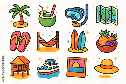 Tropical Island Icon Set. Colorful isometric vector icons set of tropical island escapes: palm trees, coconut drinks, snorkeling gear, island map, flip flops,