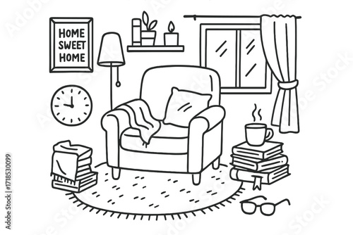 Cozy Reading Nook Doodle. Hand-drawn doodle illustration [cozy reading nook] [armchair, stack of books, blanket, pillow, floor lamp, cup, window, curtain,