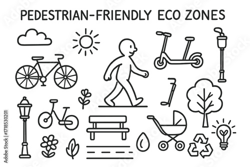 Eco Zone Doodles. Hand-drawn doodle illustration Pedestrian-friendly eco zones [walking person, bicycle, scooter, stroller, tree, flower, bench, lamp post,