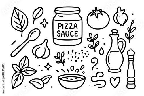 Pizza Ingredients Doodle. Hand-drawn doodle illustration Pizza sauce and seasoning tomato jar, basil leaf, spoon, garlic clove, oregano, chili flakes, oil