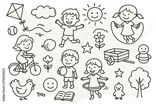 Village Kids Play. Hand-drawn doodle illustration village children playing kite, ball, skipping rope, star, flower, sun, cloud, tree, bicycle, cart, hoop,