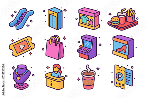 Colorful Mall Icons Set. Mall. Colorful isometric vector icons set of mall: escalator, elevator, clothing store, food court tray, cinema ticket, shopping bag,