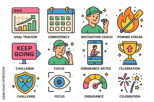 Rowing Motivation Icons. Colorful isometric vector icons set of rowing motivation and tracking: goal tracker chart, consistency calendar, personal best badge,