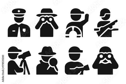 Watcher Roles Icons. Solid, filled icon set of watcher roles: security guard, scout, lifeguard, sentry, wildlife observer, detective, watchman, lookout. Solid,